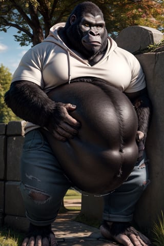 by personalami, by hioshiru, by zackary911, by null-ghost), ((Solo)), 4k, male, anthro_silverback gorrila, ape, fat body, park, day, clothed, hoodie, white t-shirt under the hoodie, bottom wear, pants, standing, bara, yellow pupils, (fat: 2.6),(body size: 1.0) soft body, (correct anatomy:)7.5, vore, Big belly,( vore belly size:6.2), detailed belly, a person in his belly, (detailed clothing), natural lighting, best quality, gorilla, big belly, big pecs, vore, kids in his belly, best quality, person in belly, readable text, Furry Realistic, plantigrade,  opposable toes feet, there must be a person squirming around inside his belly, a person squirming in his belly, vore, 1prey, maw , 1prey inside his belly, well lit subject,