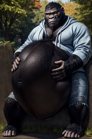 by personalami, by hioshiru, by zackary911, by null-ghost), 4k, male, anthro_silverback gorrila, ape, fat body, park, day, clothed, hoodie, bottom wear, pants, standing, bara, yellow pupils, (fat: 2.6),(body size: 1.0) soft body, (correct anatomy:)7.5, vore, Big belly,( vore belly size:6.2), detailed belly, a person in his belly, (detailed clothing), natural lighting, best quality, gorilla, big belly, big pecs, vore, kids in his belly, best quality, person in belly, readable text, Furry Realistic, plantigrade,  opposable toes feet, there must be a person squirming around inside his belly, a person squirming in his belly, vore, 1prey, maw , 1prey inside his belly, well lit subject, 
