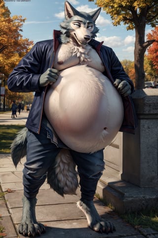 by personalami, by hioshiru, by zackary911, by null-ghost), male, anthro_wolf, solo, legoshi_(beastars), fat body, park, standing, clothed, open_blazer, bottom wear, short pants, safe, standing, bara, claws, black pupils, (fat:2.6), soft body, (correct anatomy:)7.0, vore, Big belly,( vore belly size:5.5), detailed belly, a person in his belly, (detailed clothing), natural lighting, best quality, legoshi, big belly, big pecs, vore, kids in legoshi's belly, best quality,person in belly, readable text, 