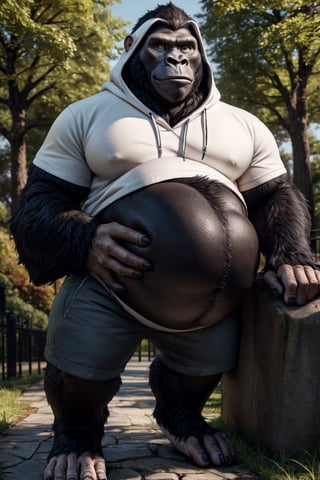 by personalami, by hioshiru, by zackary911, by null-ghost), ((Solo)), 4k, male, anthro_silverback gorrila, ape, fat body, park, day, clothed, hoodie, white t-shirt under the hoodie, bottom wear, pants, standing, bara, yellow pupils, (fat: 2.6),(body size: 1.0) soft body, (correct anatomy:)7.5, vore, Big belly,( vore belly size:6.2), detailed belly, a person in his belly, (detailed clothing), natural lighting, best quality, gorilla, big belly, big pecs, vore, kids in his belly, best quality, person in belly, readable text, Furry Realistic, plantigrade,  opposable toes feet, there must be a person squirming around inside his belly, a person squirming in his belly, vore, 1prey, maw , 1prey inside his belly, well lit subject,