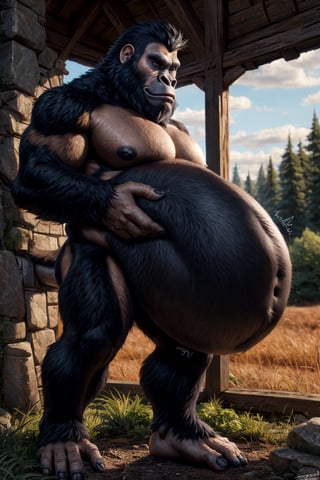 by personalami, by hioshiru, by zackary911, by null-ghost), 4k, male, anthro_gorrila, ape, fat body, field, day, clothed, topless, bottom wear, short pants, safe, standing, bara, black pupils, (fat: 2.6),(body size: 1.0) soft body, (correct anatomy:)7.5, vore, Big belly,( vore belly size:6.2), detailed belly, a person in his belly, (detailed clothing), natural lighting, best quality, gorilla, big belly, big pecs, vore, kids in his belly, best quality, person in belly, readable text, Furry Realistic, plantigrade,  opposable toes feet,