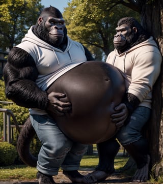 by personalami, by hioshiru, by zackary911, by null-ghost), 4k, male, anthro_silverback gorrila, ape, fat body, park, day, clothed, hoodie, white t-shirt under the hoodie, bottom wear, pants, standing, bara, yellow pupils, (fat: 2.6),(body size: 1.0) soft body, (correct anatomy:)7.5, vore, Big belly,( vore belly size:6.2), detailed belly, a person in his belly, (detailed clothing), natural lighting, best quality, gorilla, big belly, big pecs, vore, kids in his belly, best quality, person in belly, readable text, Furry Realistic, plantigrade,  opposable toes feet, there must be a person squirming around inside his belly, a person squirming in his belly, vore, 1prey, maw , 1prey inside his belly, well lit subject, 