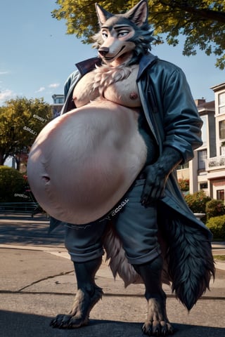 by personalami, by hioshiru, by zackary911, by null-ghost), male, anthro_wolf, solo, legoshi_(beastars), fat body, park, standing, clothed, open_blazer, bottom wear, short pants, safe, standing, bara, claws, black pupils, (fat:2.6), soft body, (correct anatomy:)7.0, vore, Big belly,( vore belly size:5.5), detailed belly, a person in his belly, (detailed clothing), natural lighting, best quality, Legoshi, big belly, big pecs, vore, kids in Legoshi's belly, best quality,person in belly, readable text, 