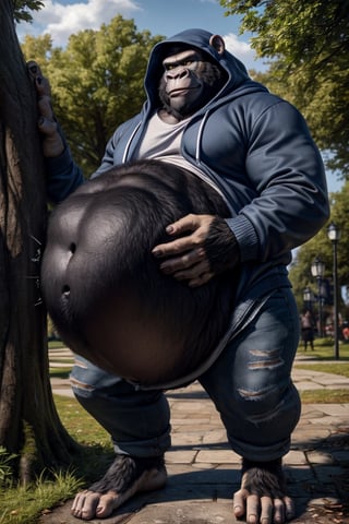 by personalami, by hioshiru, by zackary911, by null-ghost), ((Solo)), 4k, male, anthro_silverback gorrila, ape, fat body, park, day, clothed, hoodie, white t-shirt under the hoodie, bottom wear, pants, standing, bara, yellow pupils, (fat: 2.6),(body size: 1.0) soft body, (correct anatomy:)7.5, vore, Big belly,( vore belly size:6.2), detailed belly, a person in his belly, (detailed clothing), natural lighting, best quality, gorilla, big belly, big pecs, vore, kids in his belly, best quality, person in belly, readable text, Furry Realistic, plantigrade,  opposable toes feet, there must be a person squirming around inside his belly, a person squirming in his belly, vore, 1prey, maw , 1prey inside his belly, well lit subject,