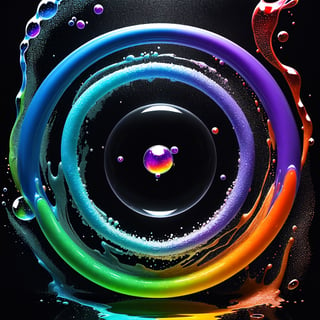 Liquid, Exploding colors, vibrant, on a black surface, bubbles, fluidity 