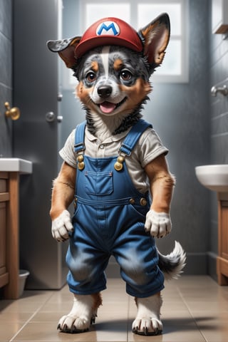 Full body portrait of an an anthropomorphic six-year-old Blue Heeler puppy, plumber, cute, red overalls, super Mario, red hat, ((standing on 2 hind legs)), award-winning photo, 8k, super detailed, photo realistic ,photo r3al