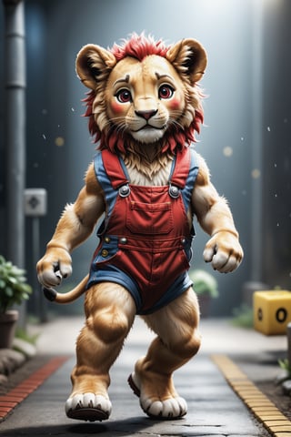 Full body portrait of an an anthropomorphic lion cub, cute, red overalls, super Mario, ((walking on 2 hind legs)), award-winning photo, 8k, super detailed, photo realistic ,photo r3al, 
