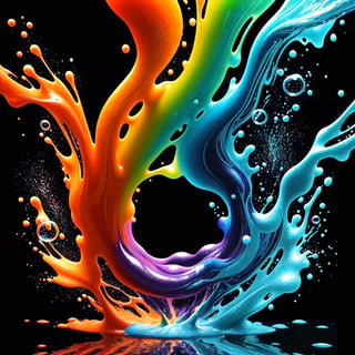 Liquid, Exploding colors, vibrant, on a black surface, bubbles, fluidity 