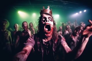 Close up fisheye lense, zombie king singing loudly, with a band of zombies, on stage, high definition, 8k, hazy, disco lights, photo realistic 