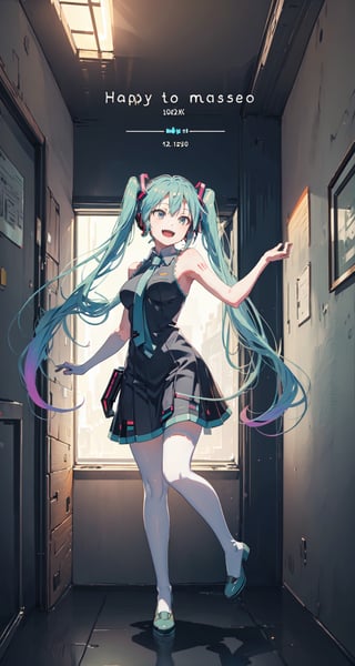 masterpiece, best quality, hatsune miku, (happy:1.5), reclining, to nigth, anime, (full body:1.5), (text location: the text above),High detailed 