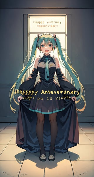 masterpiece, best quality, hatsune miku, (happy:1.5), reclining, to nigth, anime, (full body:1.5), (text:happy Anniversary), (text location: the text above)