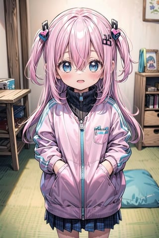 masterpiece, best quality, extremely detailed, HD, 8k, intricate, nice hands,AGE REGRESSION, 1 girl, shrinking, oversized_clothes, cuteloli, CHILD, OVERSIZED CLOTHES,cartoon, ,bocchi style, blue eyes, pink hair,  bocchi style, gotou hitori, 1girl, blue eyes, cube hair ornament, hair between eyes, hair ornament, hair over eyes, jacket, long hair, one side up, open mouth, pink hair, pink jacket, solo, track jacket, zipper, indoors, ((masterpiece))