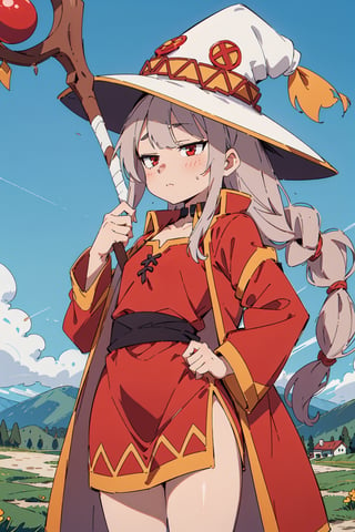 1girl, solo, (white long hair:1.5), red eyes, jitome, flat ches, megumin clothing, red dress, coat, staff, mage hat, Megu-KJ, mage tower in a hill background, sexy nude,gotoh hitori