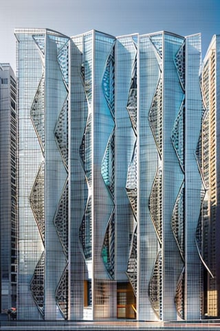 imagine a highly detailed image of a futuristic office building facadeelevation  showcasing its distinctive angular shape and large windows with golden mullion and panel. Capture the dappled sunlight filtering through the urban city. Set your professional camera to manual mode, f/5.6, ISO 400, and use a tilt-shift lens for enhanced focus. –v 5.1