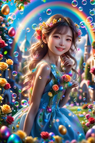 1girl  smiling charmingly, nestled among roses, gifts and golden seeds, framed by a verdant lawn dotted with Easter eggs, against a backdrop of blue skies and rainbow arches with floating soap bubbles, in a charmingly pose, photographed by Miki Asai with macro lens precision, trending on ArtStation with Greg Rutkowski's detailed fantasy style in 9k resolution, sharp focus aperture F 1.5, intricate details, setting studio photography, ultra high