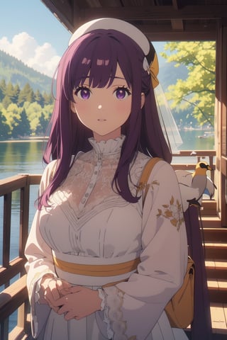 masterpiece,illustration,ray tracing,finely detailed,best detailed,Clear picture,intricate details,highlight,
anime,
modern architecture,Frieren, wedding gown 
looking at viewer,

nature,gothic architecture,bird,the lakeside in the heart of the forest,the staircase of the balcony,

NikkeRei,
1girl,loli,baby,long hair,hat,light purple hair,
yellow bow,yellow bag,skirt,upper body,
NikkePenguin,Penguin,