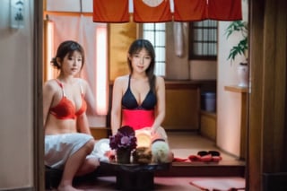 a sexy woman couple of people sitting on a bench in a room. ,Red lights, Japanese traditional architecture, entrance hall, street,underwear,Asian