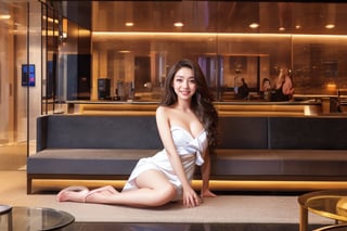 Masterpiece,Best Quality,a full body photograph of multi 16yo Taiwanese girl standing  inside nightclub ,perfect hand,detailed fingernails,perfect legs,natural skin,long hair,8k uhd,high quality,film grain,flash,(Fujifilm XT3),(clear skin),dream_girl,sexy face,detail eyes,eyes smile,solo,long legs,long hair,eyes smile,full body shot,wearing towel,realhands,(night),sexy pose,(hands hidden),rld,, sitting at sofa of waiting area, glass walls at front, pubic indecency, waiting area, view from outside