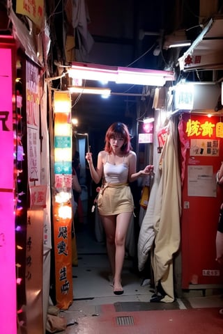 1 girl, wearing camisole and staying in Hk141, dark corrridor,pink fluorescent tube lighting