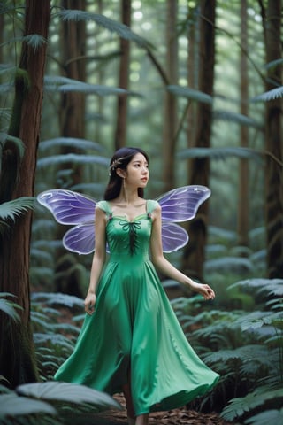 The Taiwanese girl noble wizard of Oz, has beautiful purpke elf wings and flies and shuttles in the magical forest, laoliang 