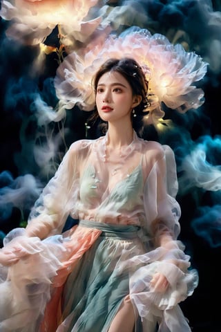 Inspired by photography from Vogue magazine, On a cloudy day, a woman is wearing a romantic transparent gauze, like clouds, a colorful long skirt, the woman's face is looming, the atmosphere is like smoke and a dream, it is indescribably beautiful.