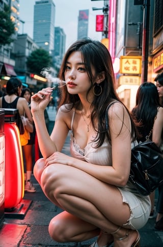 3 Girls with long hair, blue eyes, big breasts, wearing  white low cut camisole with holes and dirts without  bra inside ((showing cleveage)), ((necklace)),((large earrings)), ((holding small handbag)), miniskirt ((showing  underwear )), 3 girls squatting at corner of old Taipei red light district and (smoking) , pink light tubes on building, smoking,perfect breasts,beautiful breasts, ((3 girls)), ((crowd watching the girls)),