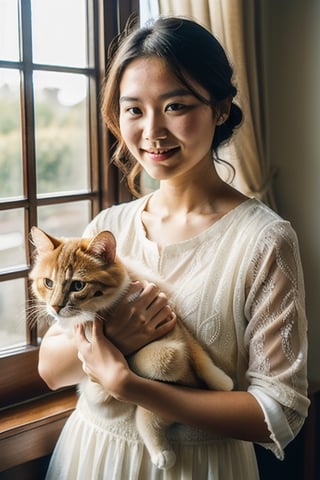 a youthful Taiwanese woman with a gentle smile cradling a fluffy cat. The shot, taken with a DSLR camera, boasts hyper-realistic detail. Sunlight filters through a nearby window, highlighting the intricate textures of the woman's light, airy dress and the soft, intricate fur patterns of the cat she holds lovingly. Each strand of hair, the subtle expressions in their eyes, and the delicate interplay of shadows and light are rendered with astounding clarity and depth. This image, rich in detail and emotion, showcases the bond between human and pet, evoking a sense of warmth and serenity.