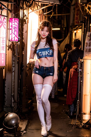 Masterpiece, Best Quality, a full body portrait photograph of a 16yo japanese girl, 1girl, slender type, perfect hand, detailed fingernails, perfect legs, natural skin, long hair, 8k uhd, high quality, film grain, flash, (Fujifilm XT3) ,(clear skin), hkmgdream_girl, sexy face, detail eyes,eyes smile, solo, long legs, long hair, eyes smile, full body shot, realhands, neon light, (hands hidden), ((hkmg)),laoliang, high heels, walking 