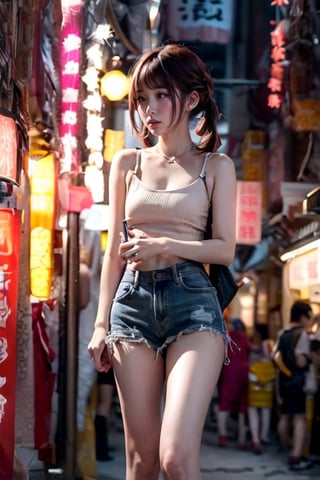 1 girl, wearing low cut camisole, dark corrridor,pink fluorescent tube lighting, ((hk141)), dark environment