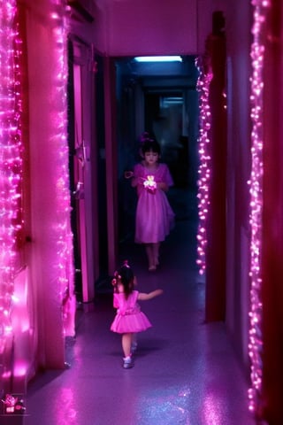 1 girl,young taiwanese girl,,brothel,141hk,pink florencent light,walking in dark corridor with doors closed,pink lighting,