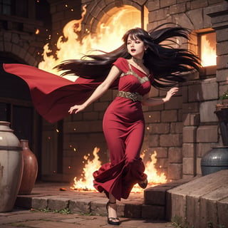 A vibrant red dress sways, evoking the winds of tradition and history. The dazzling and beautiful form captivates like a roaring flame. The brilliance transcends time, warming the heart.