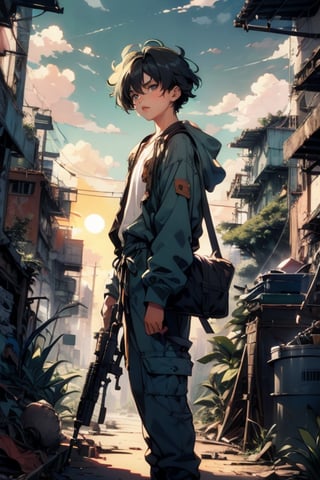 Retro-styled illustration of a lone, short-haired boy with bangs, dressed in post-apocalyptic attire, carrying a rifle and exuding determination. Against the backdrop of a ruined city, now reclaimed by vegetation, he stands out against the warm orange hues of the setting sun. The halftone effect adds texture, while the Ghibli-inspired anime style captures the nostalgic essence of 1980s-1990s animation. Solarpunk undertones evoke hope and resilience in the face of desolation.

The background ruins are filled with vegetation.