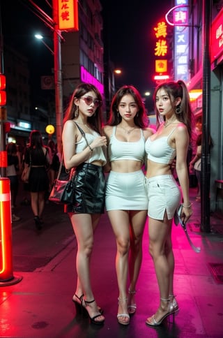 3 Girls with long hair, blue eyes, big breasts, wearing  white low cut camisole with holes and dirts without  bra inside ((showing cleveage)), ((necklace)),((large earrings)), ((safety visor),((holding small handbag)), miniskirt ((showing  underwear )), 3 girls standing at corner of old Taipei red light district , pink light tubes on building, smoking,perfect breasts,beautiful breasts, ((3 girls)), (crowd watching girls), show full body, all girls facing camera 