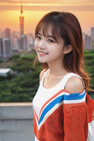 主：(construction site),(Sunset),
人：best quality, masterpiece, ultra high res, photorealistic, (a Taiwanese young female), looking at viewer, raw photo, (smile and shy), close-up, Taiwanese little girl,  high school age, Realistic skin texture, Realistic hair texture, realistic composition texture, Realistic hair texture, clear hair, Japanese female singer, (Jolin Tsai ), slol, Beautiful bags under the eyes, (double eyelid), (accentuate the red tones of the eyes), Fine light and shadow, fine skin texture, fine hair texture, fine clothing texture, fine accessories texture, (realistic depth of light and shadow), (realistic pores:1.3), (((Taiwanese :1.5))), Pure and sweet, cute:1.3, (young face), 1little girl, (Taiwanes girl,  middle school student), (girl body,  cleveage, large breasts:1), flat nose:1, small nose:1, flawless beauty, 
優：With a very high artistic composition style,in the style of hyperrealistic paintings, 32k uhd, dark white and light white, anime art, exaggerated facial features, mural painting,HD uncensored,
特：(((Colorful and magical doomsday city))),
(masterpiece, highest quality, extreme detailed, best quality, official art, beautiful and aesthetic:1.2), (1girl), extreme detailed,(fractal art:1.3),colorful,highest detailed,High detailed,With a very high artistic composition style,
髮：(long hair),  (((bangs))), 
服：(((Low-cut collarless and sleeveless sweater with floral pattern))), (lace sleeves),