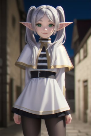 solo,frieren, long hair, twintails, (green eyes:1.3), grey hair, pointy ears, elf,BREAK shirt, long sleeves, smile, arms behind back , black pantyhose, capelet, striped shirt,perfect extremely detailed CG, (perfect hands),looking_at_viewer,sleeves_past_wrist,hands on own chest, medieval town background 