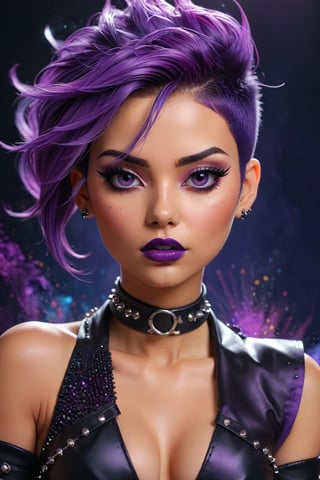 (best quality, 8K, ultra-detailed, masterpiece), (Neeko:1.2), asymmetrical hair with shaved sides and a purple hue, dark eyeshadow, smokey eyes with hints of black and purple and black lipstick, kneelength dress with a blazerstyle top, spiked choker and a studded leather harness, confident and playful demeanor with a rebellious edge, (perfect dreamy eyes), ((colorful abstract pop art background)), (scattered wisps of magical energy), light refractions, floating dust particles