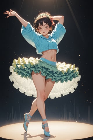 score_9, score_8_up, score_7_up, Hana Isuzu, ballerina, wearing a (ruffly tutu:1.2) and a croptop hooded sweatshirt, thick thighs, dancing on a dimly lit stage, negative black space