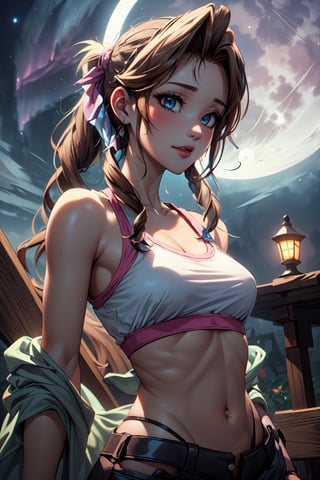 (masterpiece, best quality, skitterdash:1.2), (perfect, intricate, aesthetic),

(Racy pretty Aerith Gainsborough:1.2), (wearing a [pink croptop|cyan robe]:1.2), very wide hips, small breasts, full moon and Aurora sky, (detailed [((ahegao))||[smirk]] expression:1.2), [(close up view of shoulders):view of knees:0.3], 