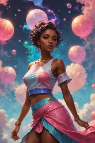 (best quality, 4k, 8k, highres, masterpiece:1.2), ultra-detailed, (pretty elegant taliyah), croptop Tshirt and skirt, bubbles and cotton candy colors