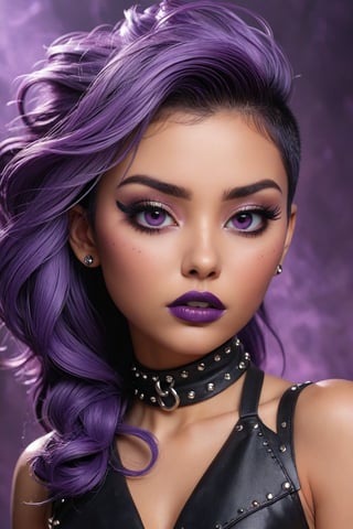 (best quality, 8K, ultra-detailed, masterpiece), (Neeko:1.2), asymmetrical hair with shaved sides and a purple hue, dark eyeshadow, smokey eyes with hints of black and purple and black lipstick, kneelength dress with a blazerstyle top, spiked choker and a studded leather harness, confident and playful demeanor with a rebellious edge, (perfect dreamy eyes), ((colorful abstract pop art background)), (scattered wisps of magical energy), light refractions, floating dust particles