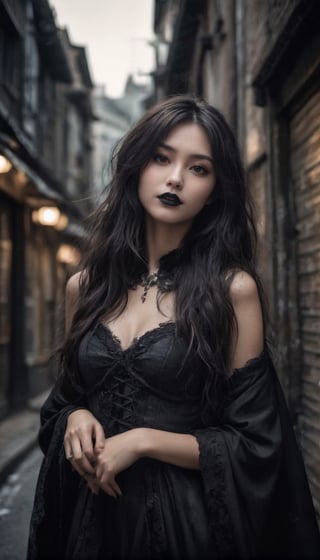 Stunning and beautiful Japanese super model epitomizing the pure gothic aesthetic, long dark hair falls in waves, face adorned with intense, rebellious eyes. Black lipstick and a sly smile add to her allure. Cloaked in gothic fashion that exudes rebellion, she stands in a dimly lit alley of midnight, embodying the enigma of pure gothic beauty and rebellion.
photo-realistic, masterpiece, soothing tones, 8k resolution, concept art of detailed character design, cinema concept, cinematic lighting, cinematic look, calming tones, incredible details, intricate details, hyper detail, Fuji Superia 400, stylish, elegant, breathtaking, mysterious, fascinating, untamed, curiously complete face, elegant, gorgeous, by Greg Rutkowski Repin artstation style, by Wadim Kashin style, by Konstantin Razumov style, Tim Burton style, Ayase Haruka's face,
,aesthetic portrait, cinematic moviemaker style, in the style of esao andrews,esao andrews style,esao andrews art