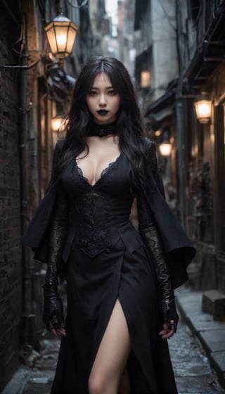 Stunning and beautiful Japanese super model epitomizing the pure gothic aesthetic, long dark hair falls in waves, face adorned with intense, rebellious eyes. Black lipstick and a sly smile add to her allure. Cloaked in gothic fashion that exudes rebellion, big breast, cleaver,
she stands in a dimly lit alley of midnight, embodying the enigma of pure gothic beauty and rebellion.
photo-realistic, masterpiece, soothing tones, 8k resolution, concept art of detailed character design, cinema concept, cinematic lighting, cinematic look, calming tones, incredible details, intricate details, hyper detail, Fuji Superia 400, stylish, elegant, breathtaking, mysterious, fascinating, untamed, curiously complete face, elegant, gorgeous, by Greg Rutkowski Repin artstation style, by Wadim Kashin style, by Konstantin Razumov style, Tim Burton style, Ayase Haruka's face,
,aesthetic portrait, cinematic moviemaker style, in the style of esao andrews,esao andrews style,esao andrews art
