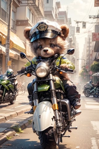 Cute little bear wearing a fluorescent yellow zippered police uniform on the upper body, black pants and a white police hat holding a direction controller and riding a Kawasaki motorcycle patrolling the ramp in San Francisco