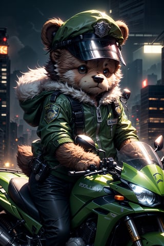 Masterpiece, top quality, 4k, 8k, a cute brown teddy bear, wearing a fluorescent green zippered long-sleeved police uniform on the upper body, black pants on the lower body, a white police cap on the head, holding a direction controller, riding Kawasaki motorcycle with light scene and city in the background