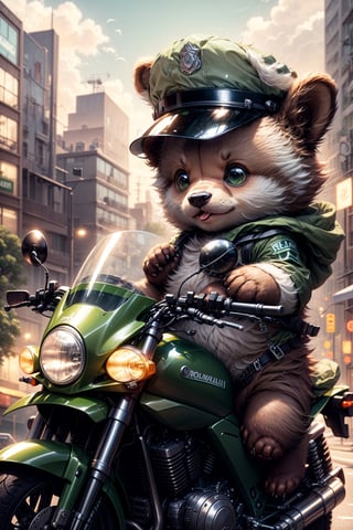 Masterpiece, top quality, 4k, 8k, 1 cute little brown bear wearing a light green reflective police uniform and a white police hat, holding a direction controller, riding a Kawasaki motorcycle, with a light scene in the background, the city white