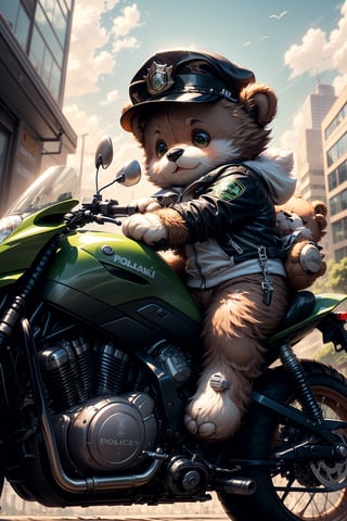 Masterpiece, top quality, 4k, 8k, 1 cute brown teddy bear, wearing black pants, white police hat, green zippered long-sleeved cycling jersey, holding direction controller, riding a Kawasaki motorcycle, The background is a light scene, the city