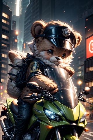 Masterpiece, top quality, 4k, 8k, a cute brown teddy bear, wearing a fluorescent yellow zippered long-sleeved thin police uniform on the upper body, black pants on the lower body, a white police cap on the head, holding a direction controller, Riding a Kawasaki motorcycle with light scene and city in the background