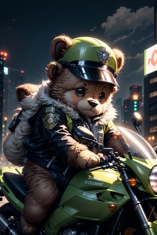 Masterpiece, top quality, 4k, 8k, a cute brown teddy bear, wearing a fluorescent yellow zippered long-sleeved thin police uniform on the upper body, black pants on the lower body, a white police cap on the head, holding a direction controller, Riding a Kawasaki motorcycle with light scene and city in the background