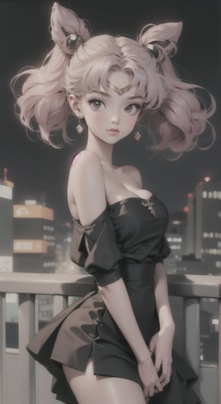 1girl, solo, breasts, dress, cleavage, closed mouth, earrings, sleeveless,
lips, casual dress, armlet, club dress, retro artstyle, city background, portrait, yofukashi background, short skirt, night city, whole body, legs, blurry_light_background,
bzsohee, rooftop, standing, off-shoulder,
dress, small breast, pink hair,
twin tails, sailor moon chibi