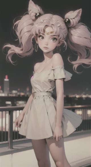 1girl, solo, breasts, dress, cleavage, closed mouth, earrings, sleeveless,
lips, casual dress, armlet, club dress, retro artstyle, city background, portrait, yofukashi background, short skirt, night city, whole body, legs, blurry_light_background,
bzsohee, rooftop, standing, off-shoulder,
dress, small breast, pink hair,
twin tails, sailor moon chibi